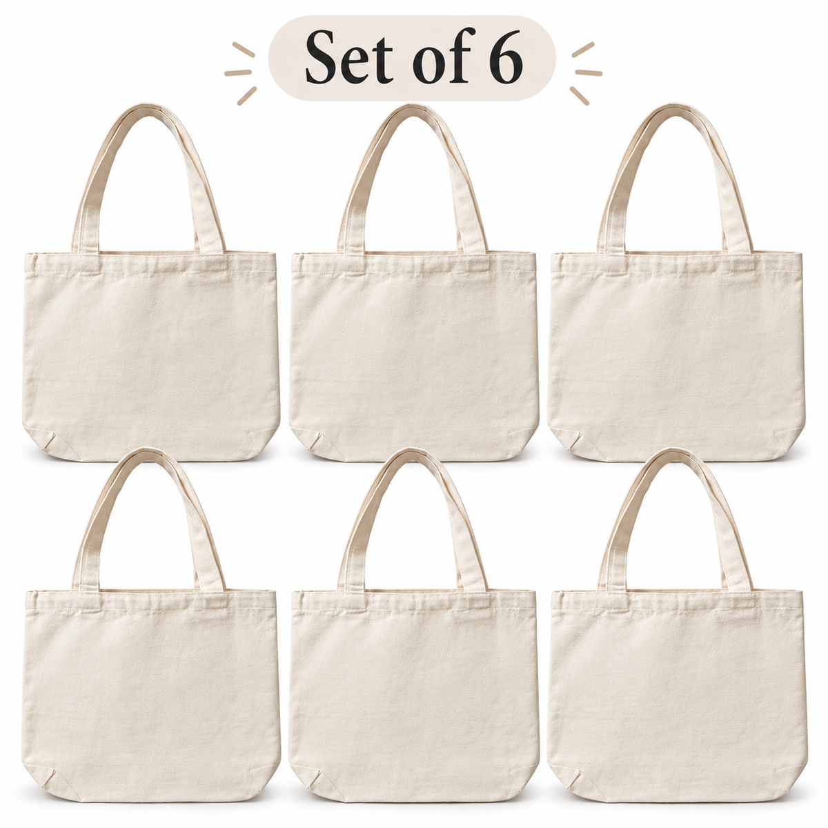 Set of 6 Natural 100% Cotton Tote Bags